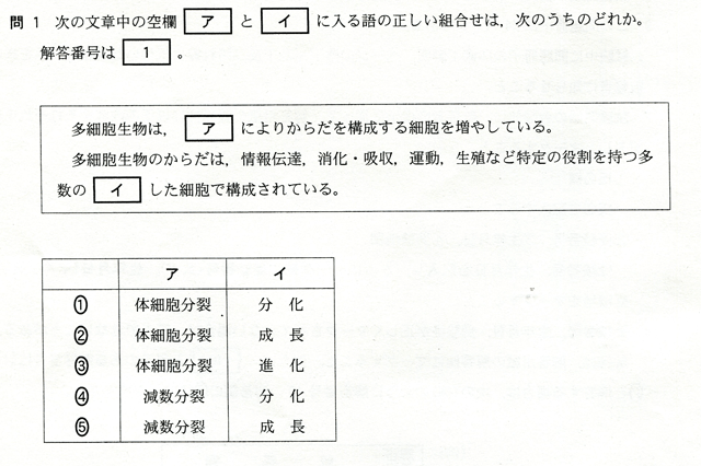 問１　次の文章中の空欄[ア]と[イ]に入る語の正しい組合せは、次のうちどれか。　多細胞生物は、[ア]によりからだを構成する細胞を増やしている。多細胞生物のからだは、情報伝達、消化・吸収、運動、生殖など特定の役割を持つ多数の[イ]した細胞で構成されている。　①　ア　体細胞分裂　イ　分化　②　ア　体細胞分裂　イ　成長　③　ア　体細胞分裂　イ　進化　④　ア　減数分裂　イ　分化　⑤　ア　減数分裂　イ　成長