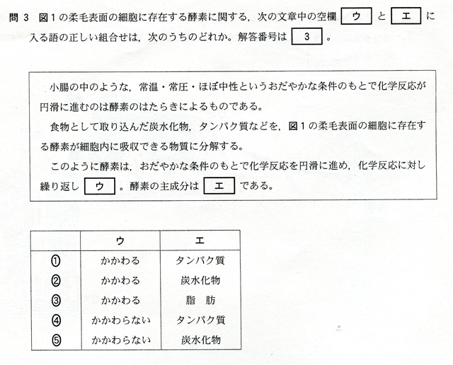 問３　図１の柔毛表面の細胞に存在する酵素に関する、次の文章の空欄[ウ]と[エ]に入る語の正しい組合せは、次のうちのどれか。　小腸の中のような、常温・常圧。ほぼ中性というおだやかな条件のもとで化学反応が円滑に進むのは酵素のはたらきによるものである。食物として取り込んだ炭水化物、タンパク質などを、図１の柔毛表面の細胞に存在する酵素が細胞内に吸収できる物質に分解する。このように酵素は、おだやかな条件のもとで化学反応を円滑に進め、化学反応に対し繰り返し[ウ]。酵素の主成分は[エ]である。　①　ウ　かかわる　エ　タンパク質　②　ウ　かかわる　エ　炭水化物　③　ウ　かかわる　エ　脂肪　④　ウ　かかわらない　エ　タンパク質　⑤　ウ　かかわらない　エ　炭水化物