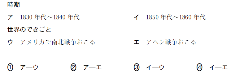 時期、ア　１８３０年代～１８４０年代、イ　１８５０年代～１８６０年代、　世界のできごと、ウ　アメリカで南北戦争おこる、エ　アヘン戦争おこる、①ア―ウ、②ア―エ、 ③イ―ウ、④イ―エ