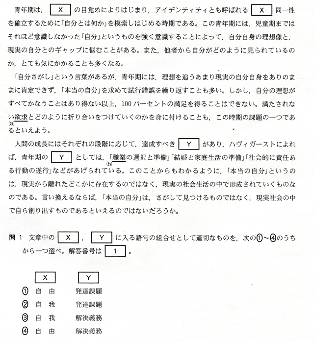 青年期は[X]の目覚めによりはじまり、アイデンティティとも呼ばれる[X]同一性を確立するために「自分とは何か」を模索しはじめる時期である。この青年期には、児童期まではそれほど意識しなかった「自分」というものを強く意識することによって、自分自身の理想像と、現実の自分とのギャップに悩む事がある。また、他者から自分がどのように見られているのか、とても気にかかることも多くなる。　「自分さがし」という言葉があるが、青年期には、理想を追うあまり現実の自分自身をありのままに肯定できず、「本当の自分」を求めて試行錯誤を繰り返すことも多い。しかし、自分の理想がすべてかなうことはあり得ない以上、１００パーセントの満足を得ることはできない。満たされない欲求とどのように折り合いをつけていくのかを身に付けることも、この時期の課題の一つであると言えよう。人間の成長にはそれぞれの段階に応じて、達成すべき[Y]があり、ハヴィガーストによれば、青年期の[Y]としては、「職業の選択と準備」「結婚と家庭生活の準備」「社会的に責任のある行動の遂行」などがあげられている。このことからわかるように「本当の自分」というのは、現実から離れたどこかに存在するのではなく、現実の社会生活の中で形成されていくものなのである。言い換えるならば、「本当の自分」は、さがして見つけるものではなく、現実社会の中で自ら作り出す物であると言えるではないだろうか。　問１　文章中の[X]、[Y]に入る語句の組合せとして適切なものを、次の①～④のうちから一つ選べ。　[X]　[Y]　①　自由　発達課題　②　自我　発達課題　③　自我　解決義務　④　自由　解決義務